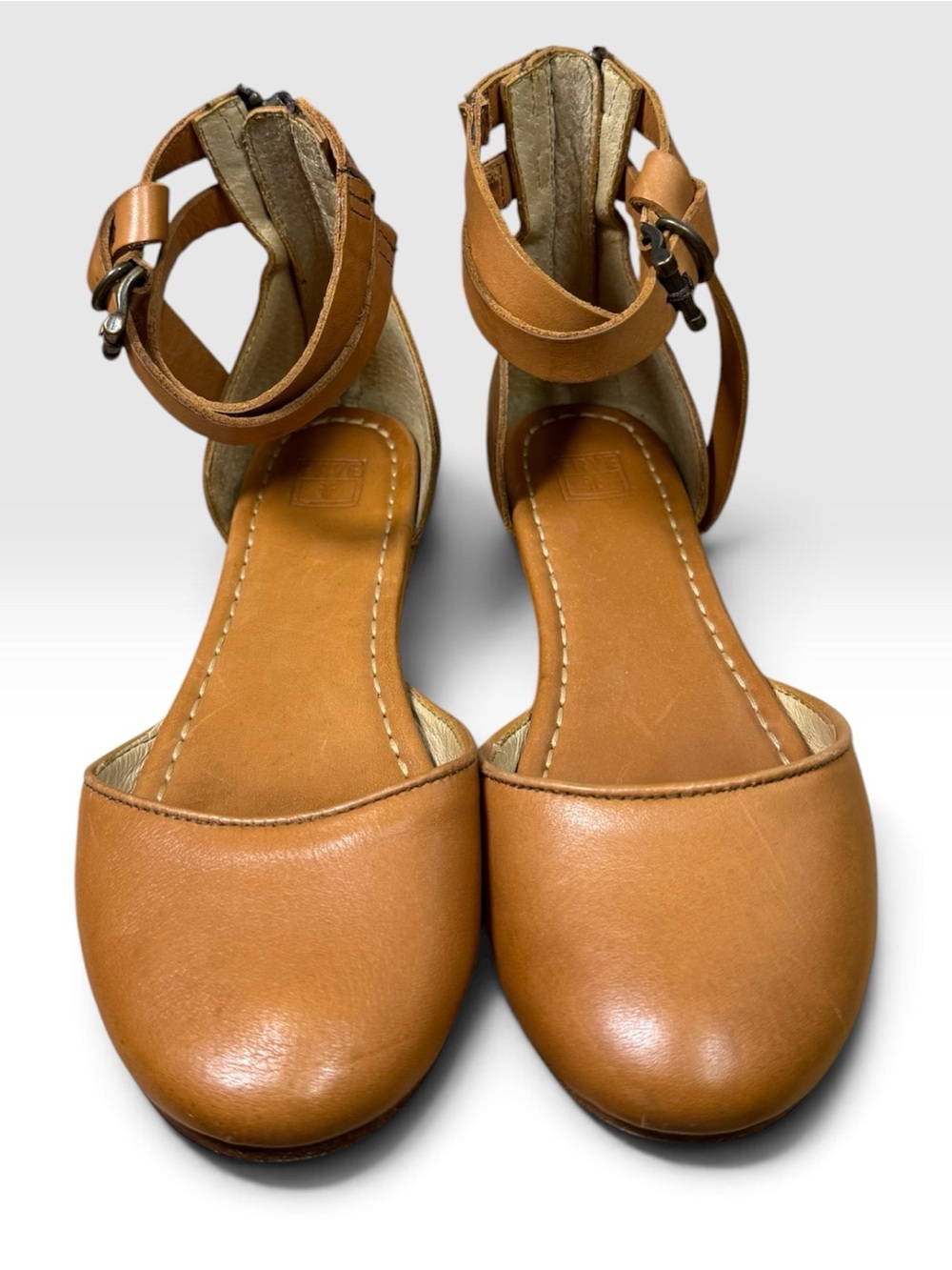 Frye Women’s 6B Tan Leather Ankle Strap D’Orsay Flats Back Zip Mexico